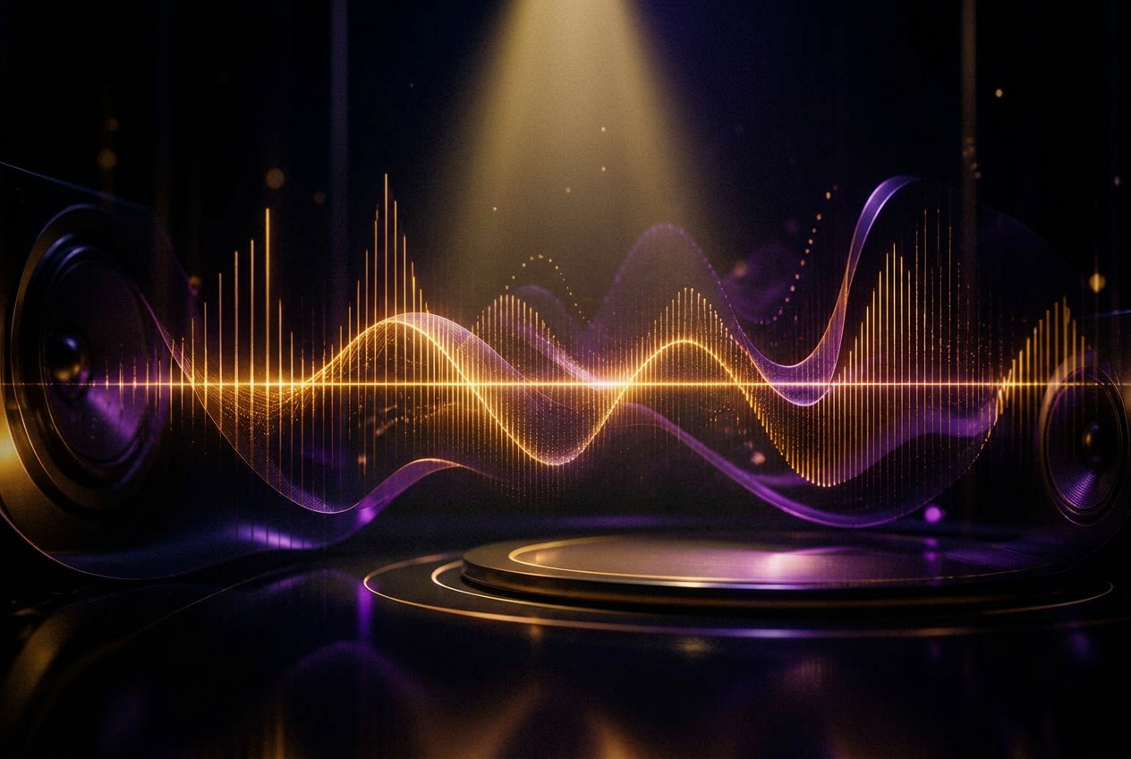 Cinematic golden sound waves in a luxury AI music studio, single spotlight, deep dark ambience